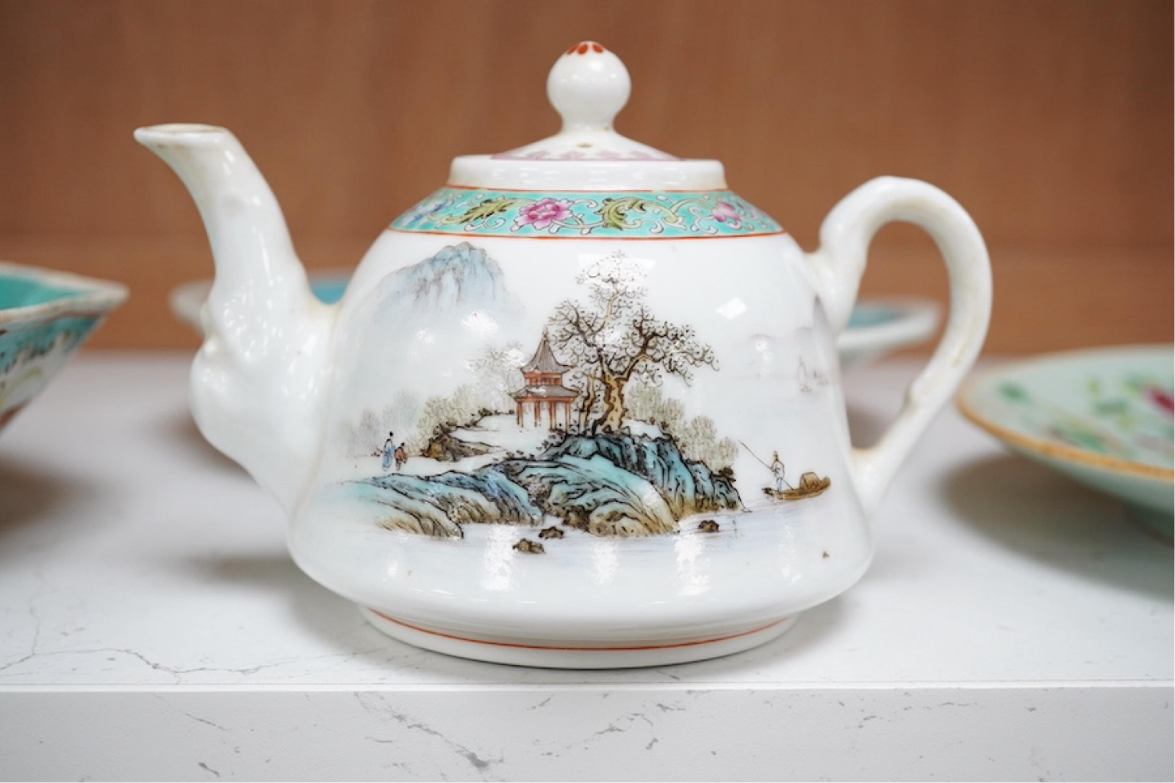 Three Chinese famille rose dishes, late Qing and a famille rose teapot, highest dish 5cm. Condition - fine chip to plate